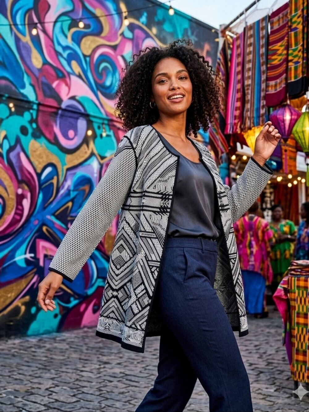 NIC+ZOE Black & White Geometric Open-Front Cardigan